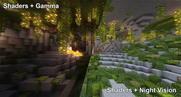 Minecraft scene showing brightness and shader visibility comparison